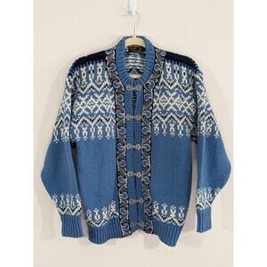 Vtg Devold Fair Isle Blue Sweater Cardigan Norway 100% New Wool Women’s Size M